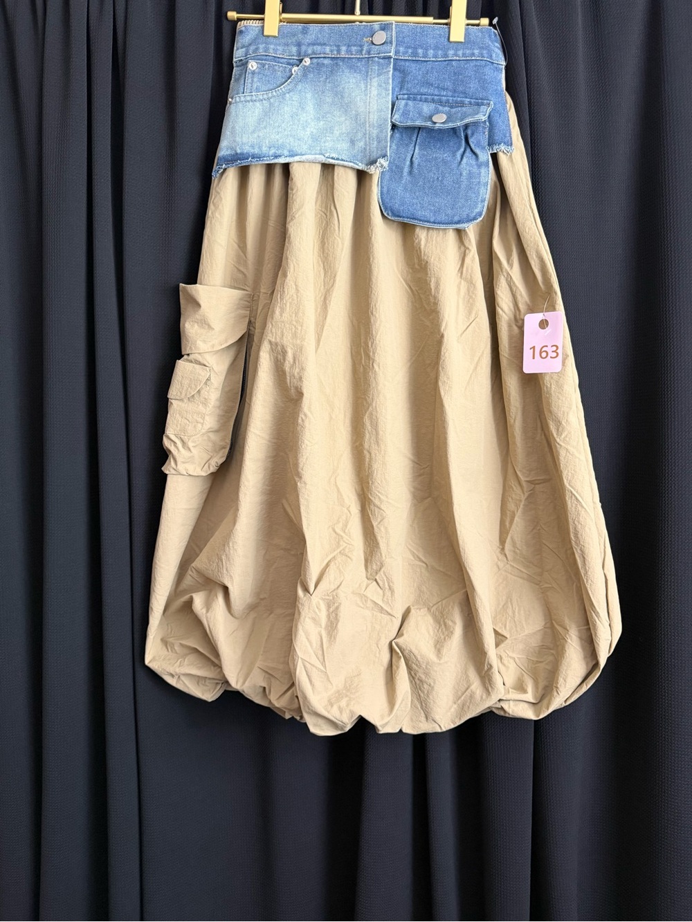 Beige Maxi Balloon Skirt with Denim Waistband
